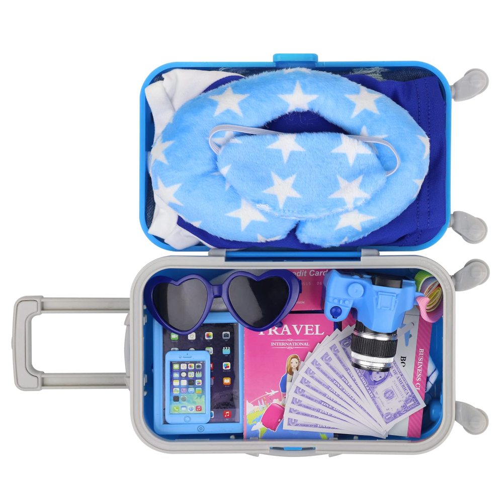 24 Pcs 18 Inch Boy Doll Clothes and Accessories Suitcase Play Set Included Travel Carrier Clothes Camera Phone Travel Pillow Passport Tickets Cashes Credit Card Map