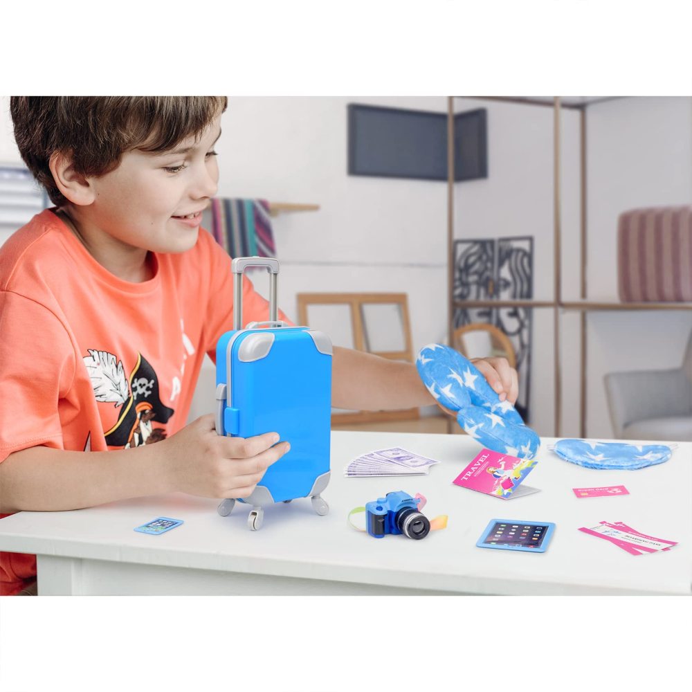 24 Pcs 18 Inch Boy Doll Clothes and Accessories Suitcase Play Set Included Travel Carrier Clothes Camera Phone Travel Pillow Passport Tickets Cashes Credit Card Map