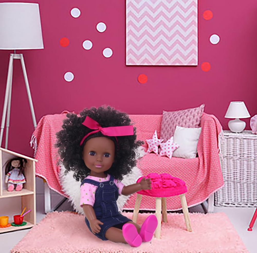 14.5" African Baby Girl Doll with Clothes Set - Washable Realistic Silicone Toy - Best Gift for Kids