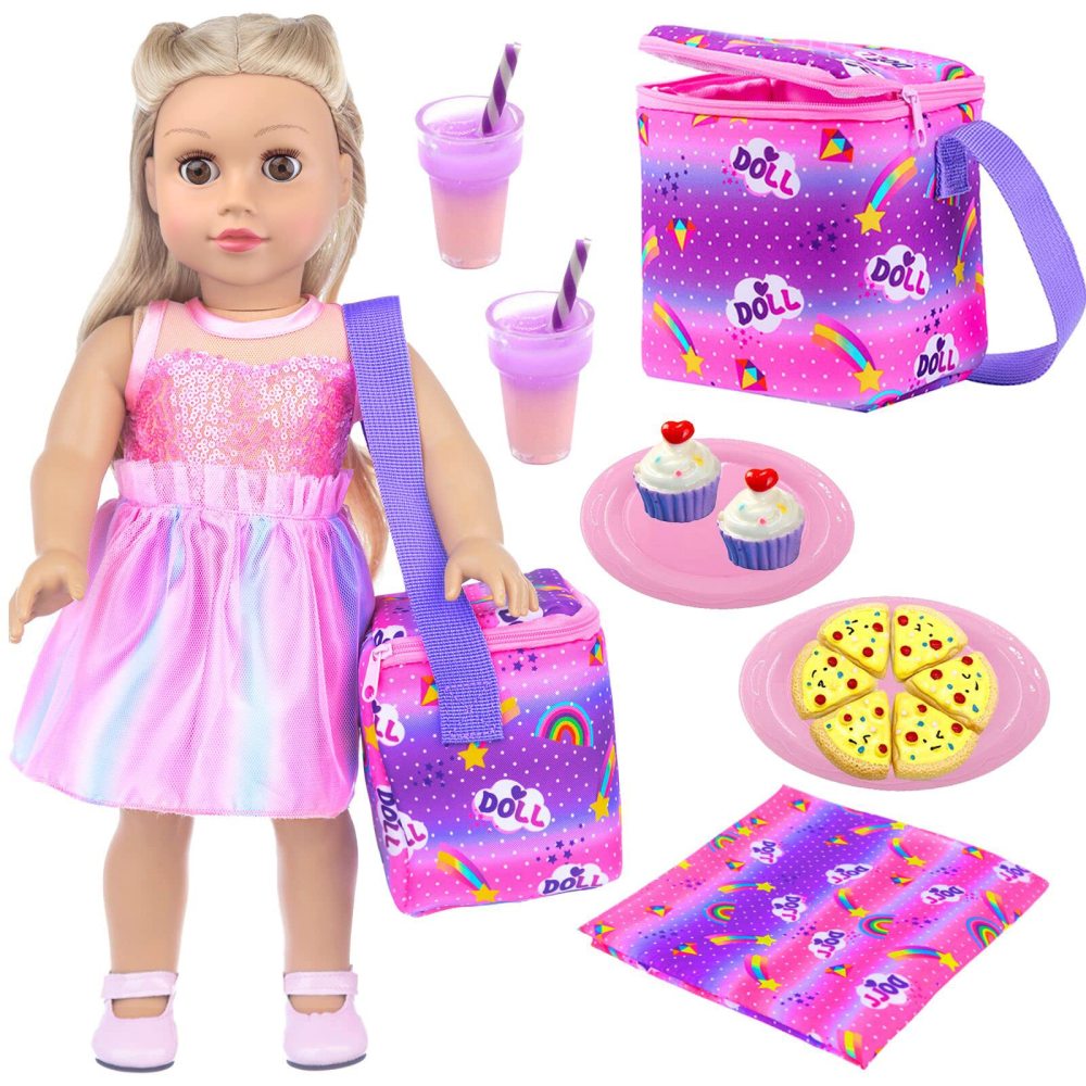 18 Girl Doll Accessories Doll Food Picnic Playset 14 Pieces Include Cooler, Picnic Blanket, Drink, Cupcake and Pizza Food for 18 inch Dolls