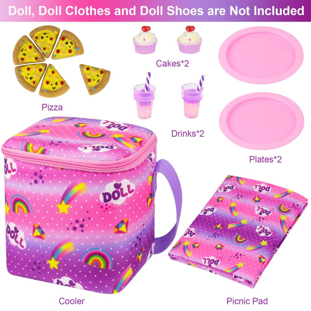 18 Girl Doll Accessories Doll Food Picnic Playset 14 Pieces Include Cooler, Picnic Blanket, Drink, Cupcake and Pizza Food for 18 inch Dolls