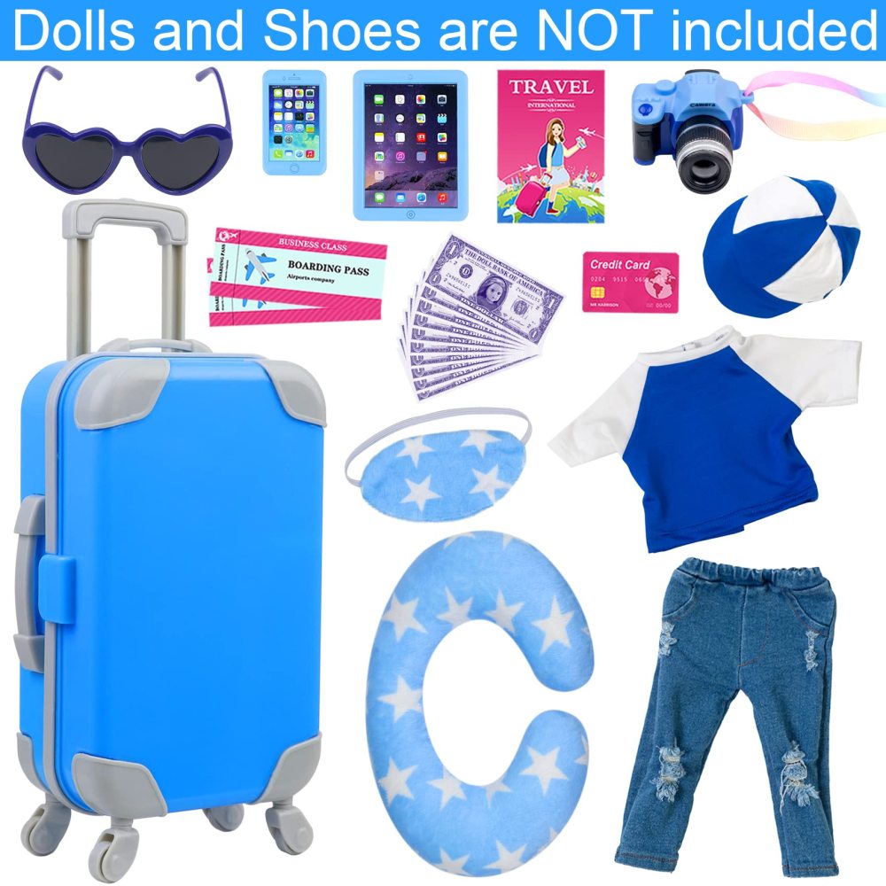 24 Pcs 18 Inch Boy Doll Clothes and Accessories Suitcase Play Set Included Travel Carrier Clothes Camera Phone Travel Pillow Passport Tickets Cashes Credit Card Map