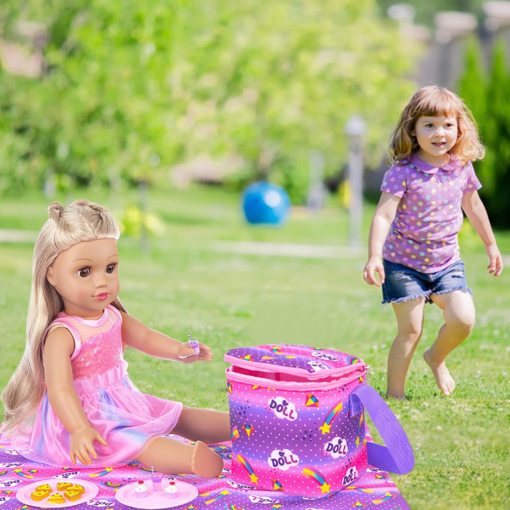 18 Girl Doll Accessories Doll Food Picnic Playset 14 Pieces Include Cooler, Picnic Blanket, Drink, Cupcake and Pizza Food for 18 inch Dolls