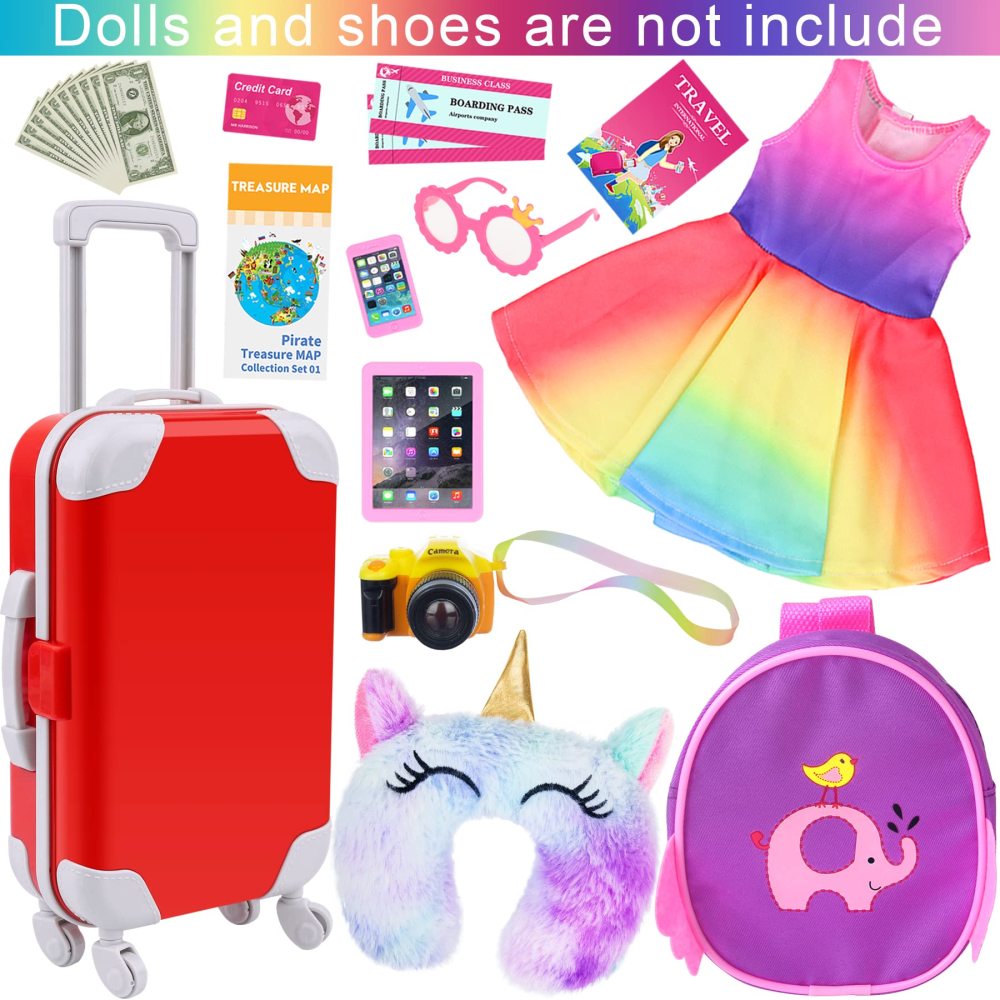 23 PCS 18 Inch Girl Doll Accessories Suitcase Travel Set Including Clothes Suitcase Backpack Camera Pad Cell Phone Neck Pillow Pink Glasses and Other Travel Set