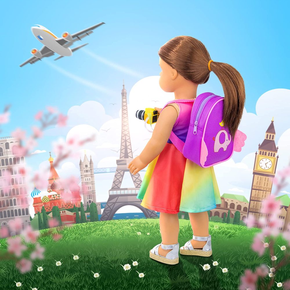 23 PCS 18 Inch Girl Doll Accessories Suitcase Travel Set Including Clothes Suitcase Backpack Camera Pad Cell Phone Neck Pillow Pink Glasses and Other Travel Set
