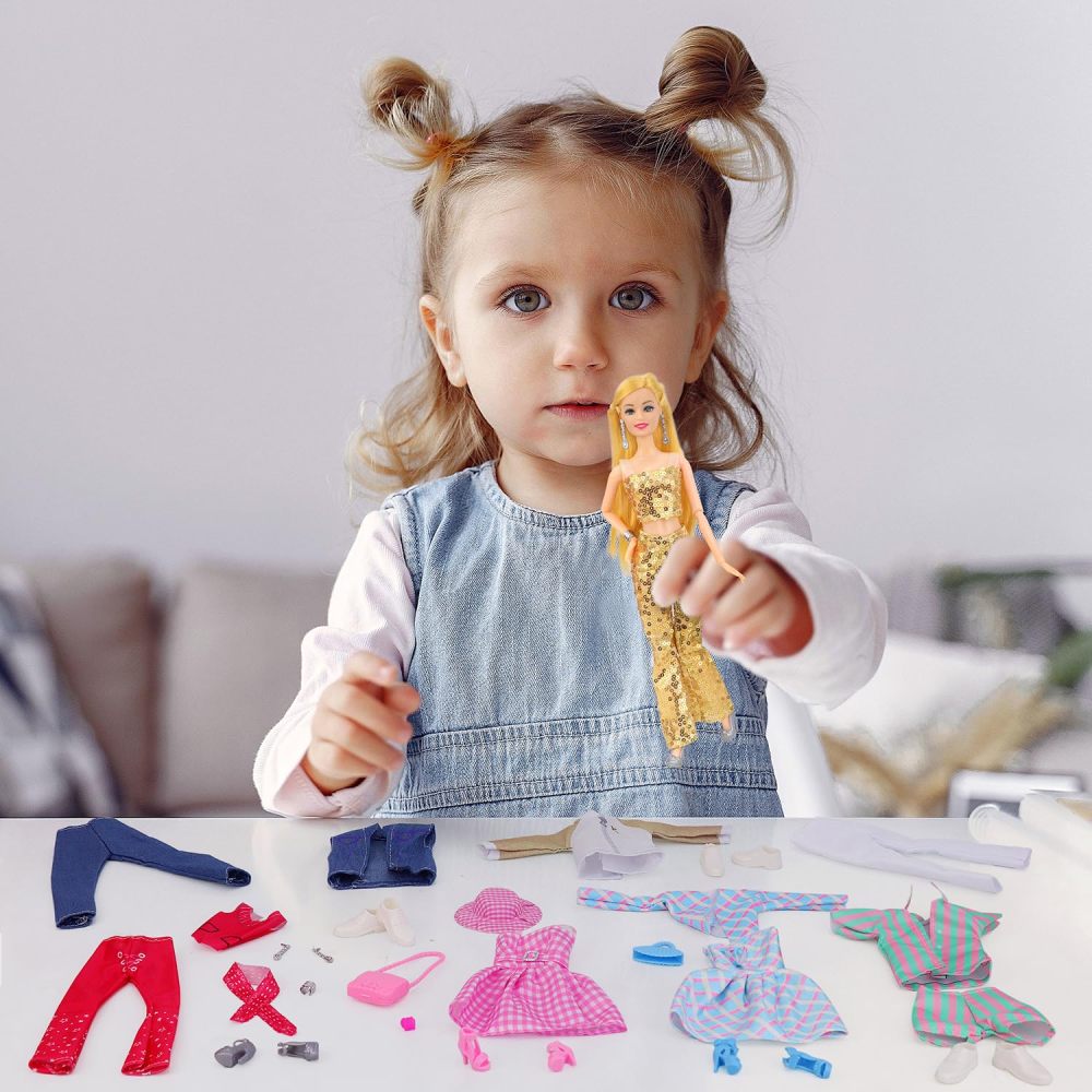 28 Pcs Doll Clothes and Accessories for 11.5 inch Boy and Girl Dolls, Including Dresses Coats Pants Shoes Hat Handbags Bracelets Earrings in Total of 7 Sets Doll Dress up