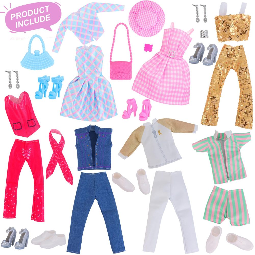 28 Pcs Doll Clothes and Accessories for 11.5 inch Boy and Girl Dolls, Including Dresses Coats Pants Shoes Hat Handbags Bracelets Earrings in Total of 7 Sets Doll Dress up