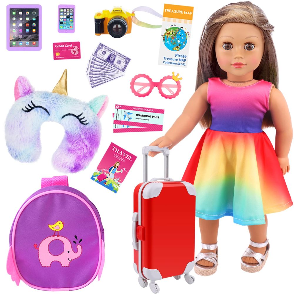 23 PCS 18 Inch Girl Doll Accessories Suitcase Travel Set Including Clothes Suitcase Backpack Camera Pad Cell Phone Neck Pillow Pink Glasses and Other Travel Set