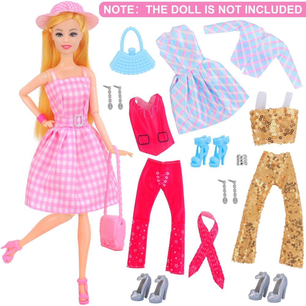 28 Pcs Doll Clothes and Accessories for 11.5 inch Boy and Girl Dolls, Including Dresses Coats Pants Shoes Hat Handbags Bracelets Earrings in Total of 7 Sets Doll Dress up