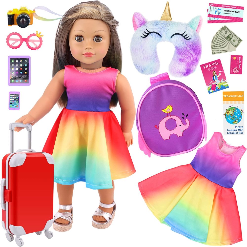 23 PCS 18 Inch Girl Doll Accessories Suitcase Travel Set Including Clothes Suitcase Backpack Camera Pad Cell Phone Neck Pillow Pink Glasses and Other Travel Set