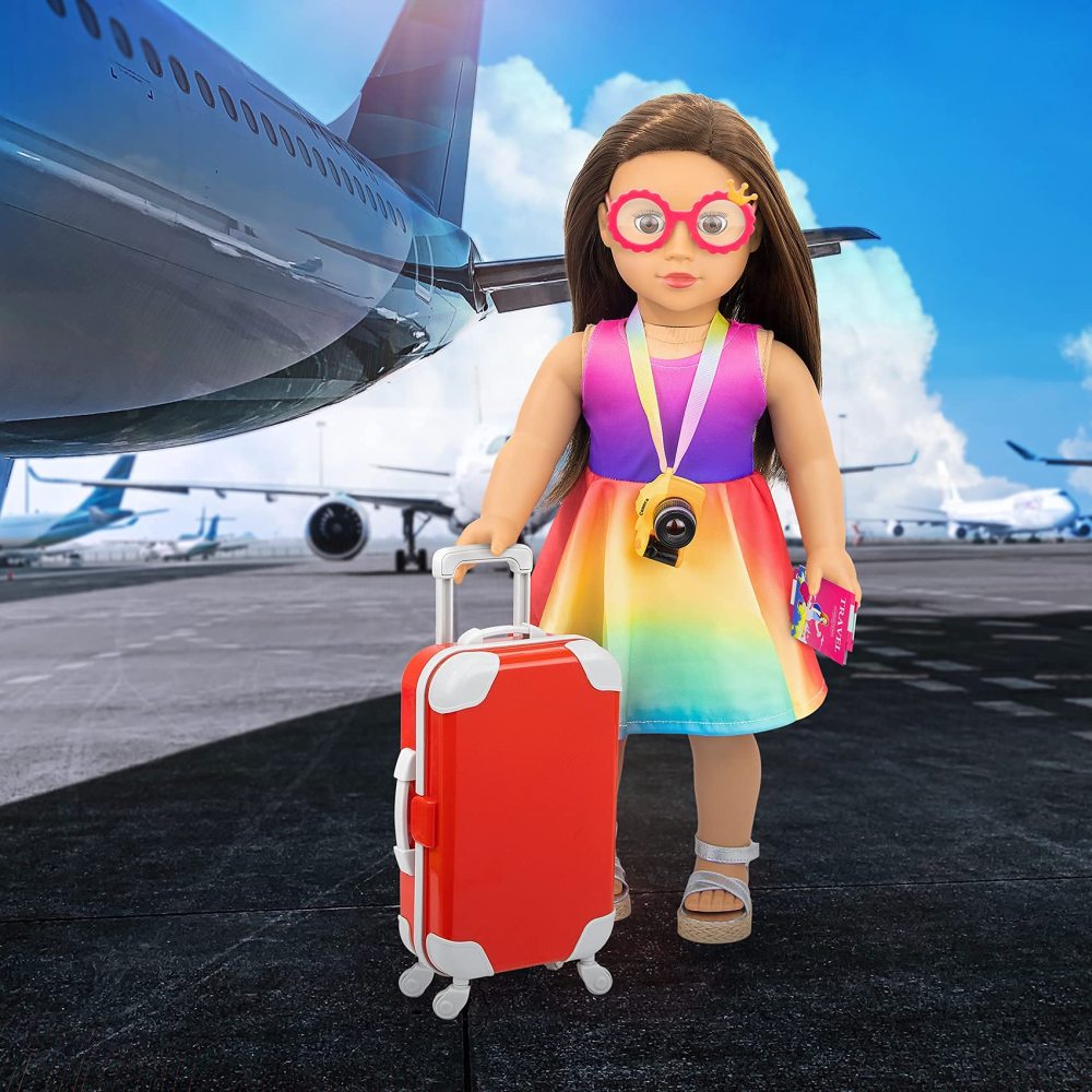 23 PCS 18 Inch Girl Doll Accessories Suitcase Travel Set Including Clothes Suitcase Backpack Camera Pad Cell Phone Neck Pillow Pink Glasses and Other Travel Set