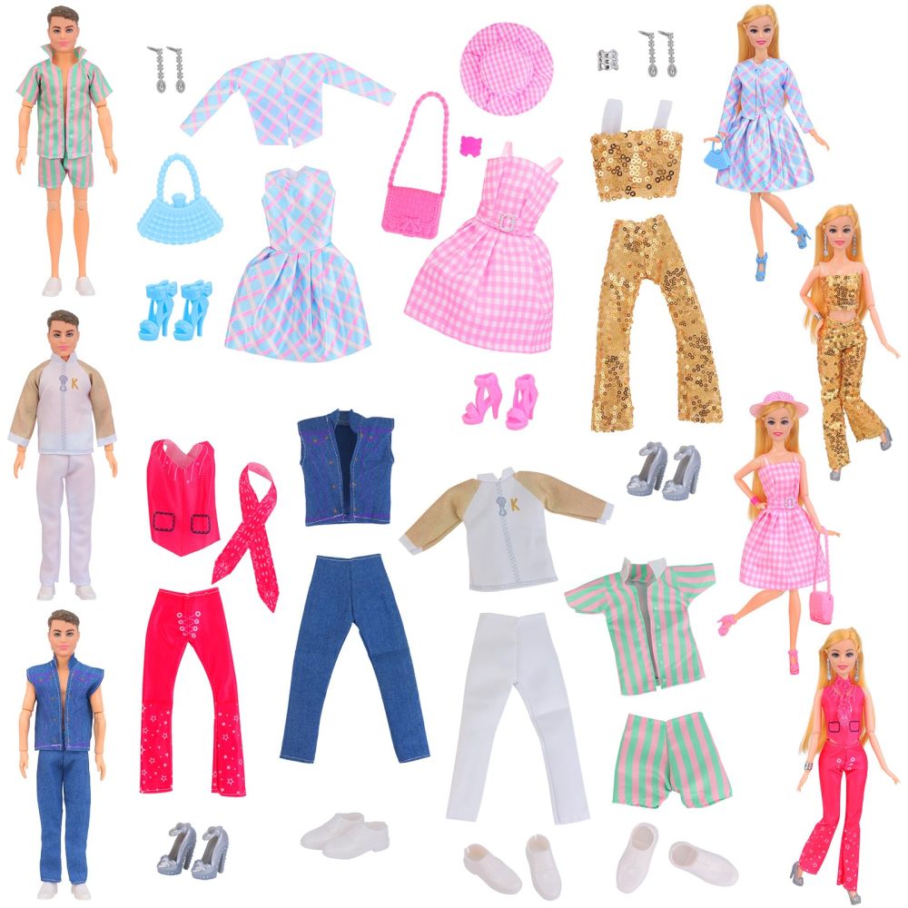28 Pcs Doll Clothes and Accessories for 11.5 inch Boy and Girl Dolls, Including Dresses Coats Pants Shoes Hat Handbags Bracelets Earrings in Total of 7 Sets Doll Dress up