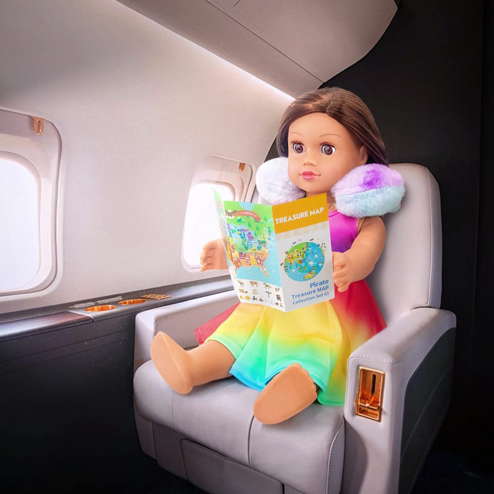 23 PCS 18 Inch Girl Doll Accessories Suitcase Travel Set Including Clothes Suitcase Backpack Camera Pad Cell Phone Neck Pillow Pink Glasses and Other Travel Set