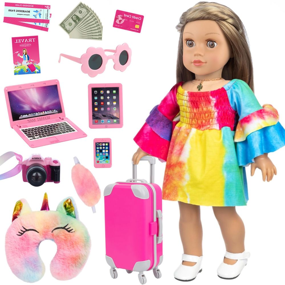 18 Inch Doll Clothes and Accessories Travel Luggage Suitcase Play Set 13 Pcs Including Sunglasses, Laptops, Suitcase, Camera, Phone, Passport, Pillow (No Doll)