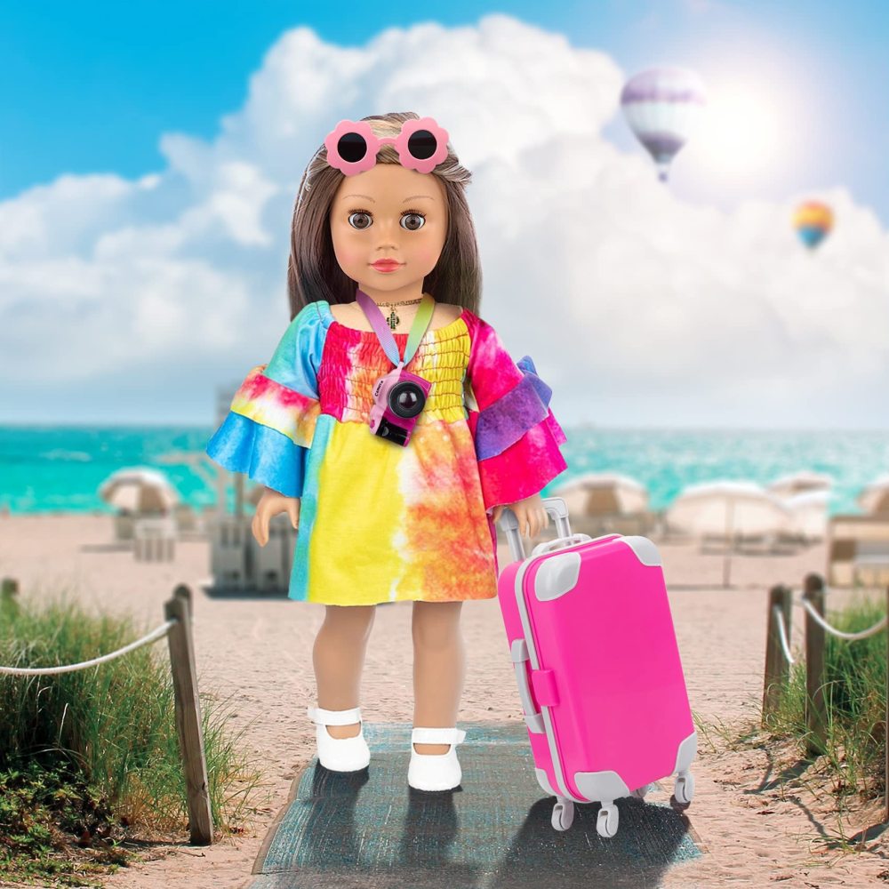 18 Inch Doll Clothes and Accessories Travel Luggage Suitcase Play Set 13 Pcs Including Sunglasses, Laptops, Suitcase, Camera, Phone, Passport, Pillow (No Doll)