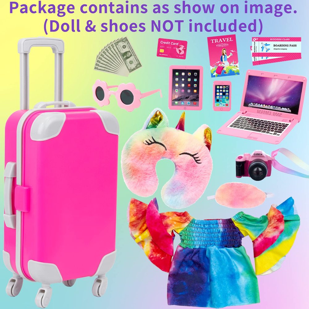 18 Inch Doll Clothes and Accessories Travel Luggage Suitcase Play Set 13 Pcs Including Sunglasses, Laptops, Suitcase, Camera, Phone, Passport, Pillow (No Doll)