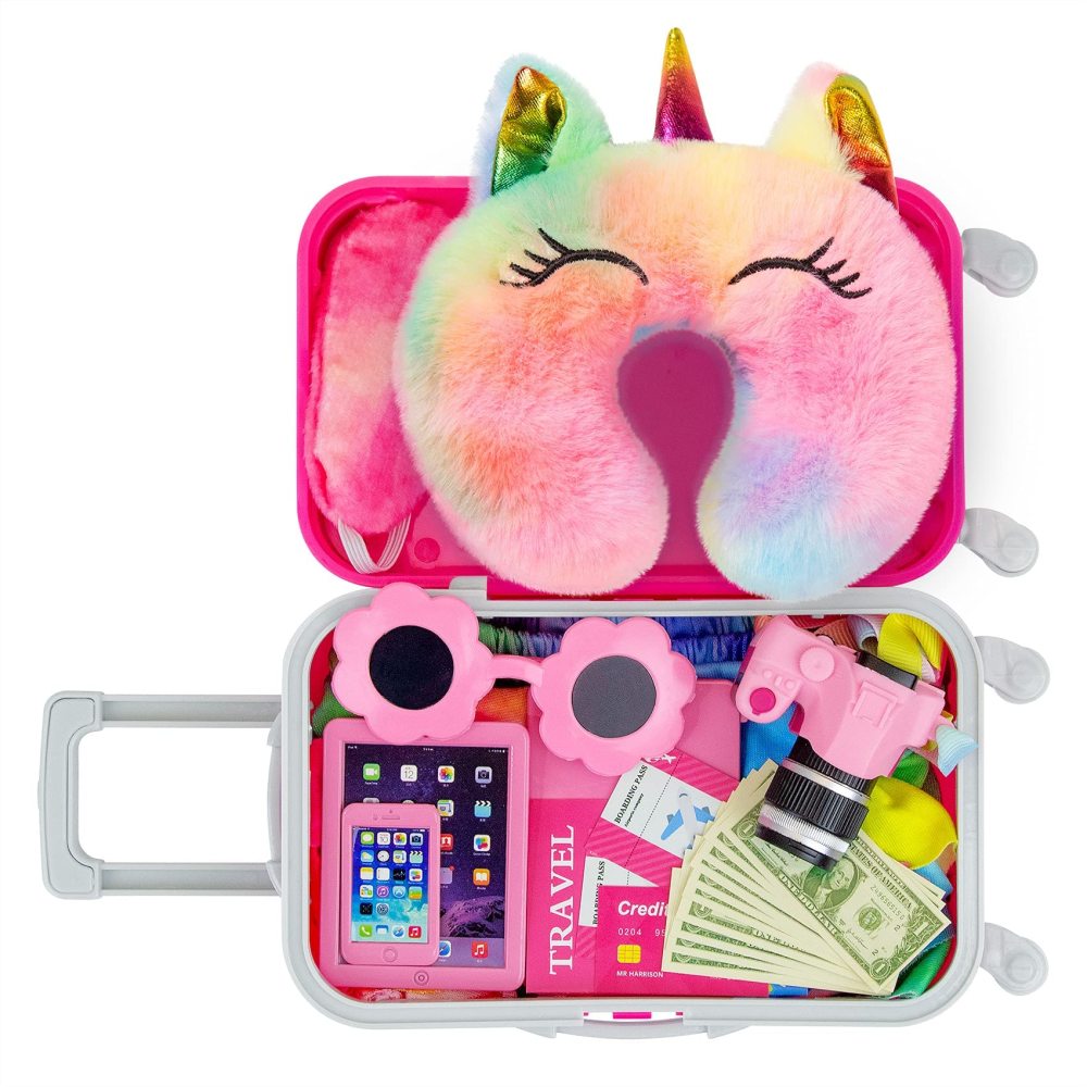 18 Inch Doll Clothes and Accessories Travel Luggage Suitcase Play Set 13 Pcs Including Sunglasses, Laptops, Suitcase, Camera, Phone, Passport, Pillow (No Doll)
