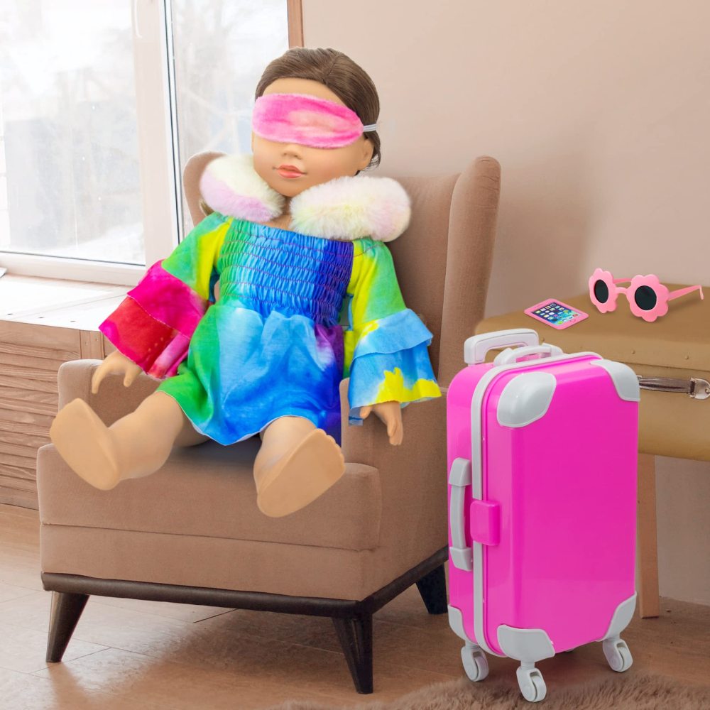 18 Inch Doll Clothes and Accessories Travel Luggage Suitcase Play Set 13 Pcs Including Sunglasses, Laptops, Suitcase, Camera, Phone, Passport, Pillow (No Doll)