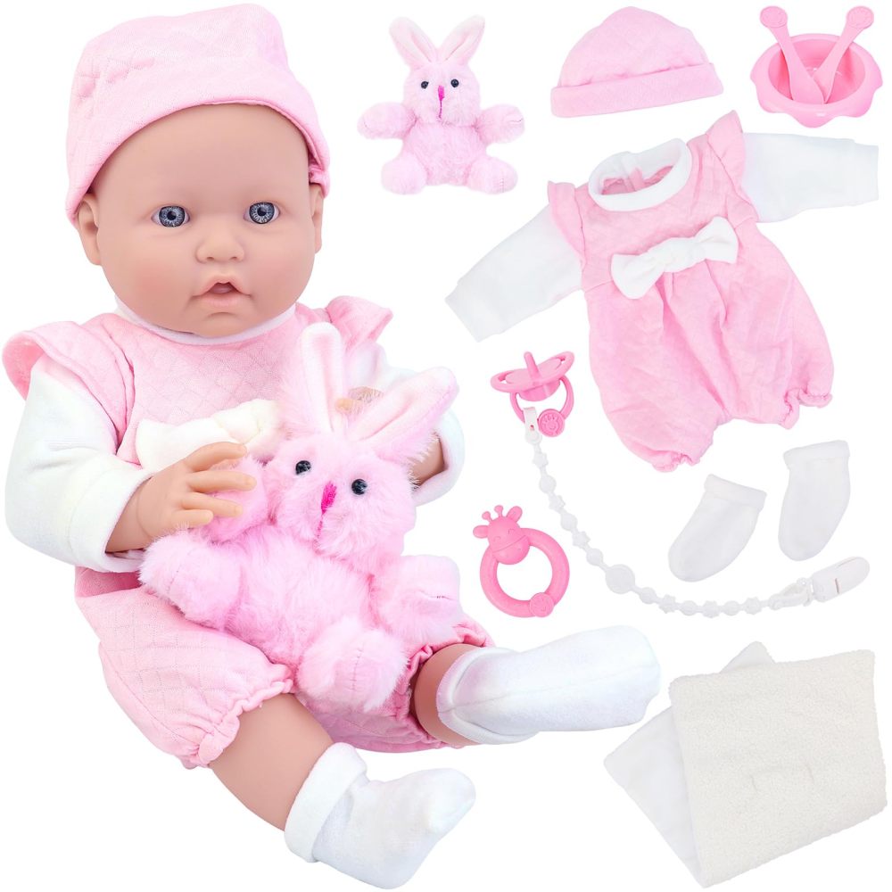 16 Inch Baby Doll Reborn,11 Pcs Realistic Baby Doll Outfits with Toy Rabbit,Baby Doll Clothes,Hat and Baby Doll Accessories,Lifelike Soft Body Baby Dolls for Toddlers