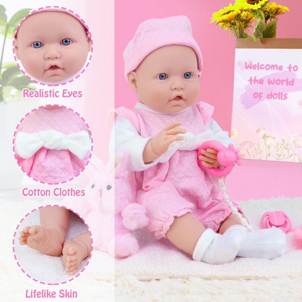 16 Inch Baby Doll Reborn,11 Pcs Realistic Baby Doll Outfits with Toy Rabbit,Baby Doll Clothes,Hat and Baby Doll Accessories,Lifelike Soft Body Baby Dolls for Toddlers
