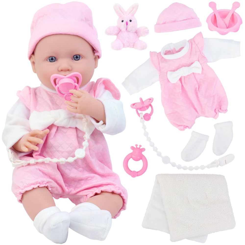 16 Inch Baby Doll Reborn,11 Pcs Realistic Baby Doll Outfits with Toy Rabbit,Baby Doll Clothes,Hat and Baby Doll Accessories,Lifelike Soft Body Baby Dolls for Toddlers