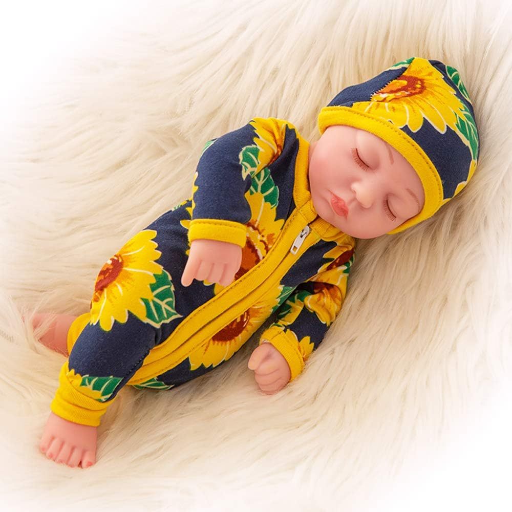 Ecore Fun 10 Inch New-born Reborn Doll Baby Doll and Clothes Set Washable Realistic Silicone Baby Dolls with Cute Sunflower Jumpsuit Clothes-Best Gift