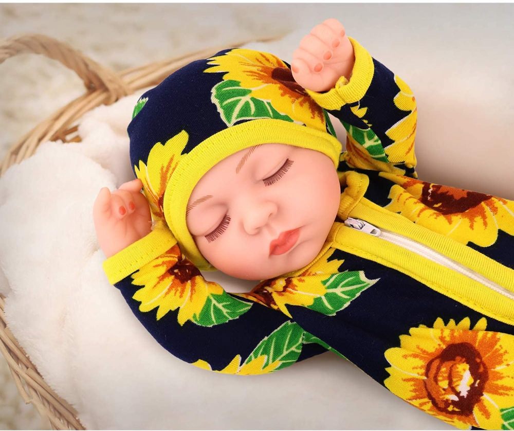 Ecore Fun 10 Inch New-born Reborn Doll Baby Doll and Clothes Set Washable Realistic Silicone Baby Dolls with Cute Sunflower Jumpsuit Clothes-Best Gift