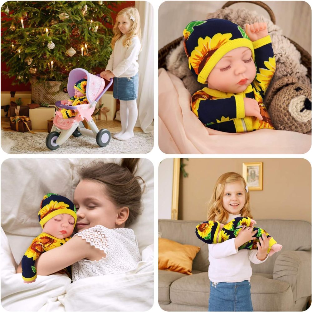 Ecore Fun 10 Inch New-born Reborn Doll Baby Doll and Clothes Set Washable Realistic Silicone Baby Dolls with Cute Sunflower Jumpsuit Clothes-Best Gift