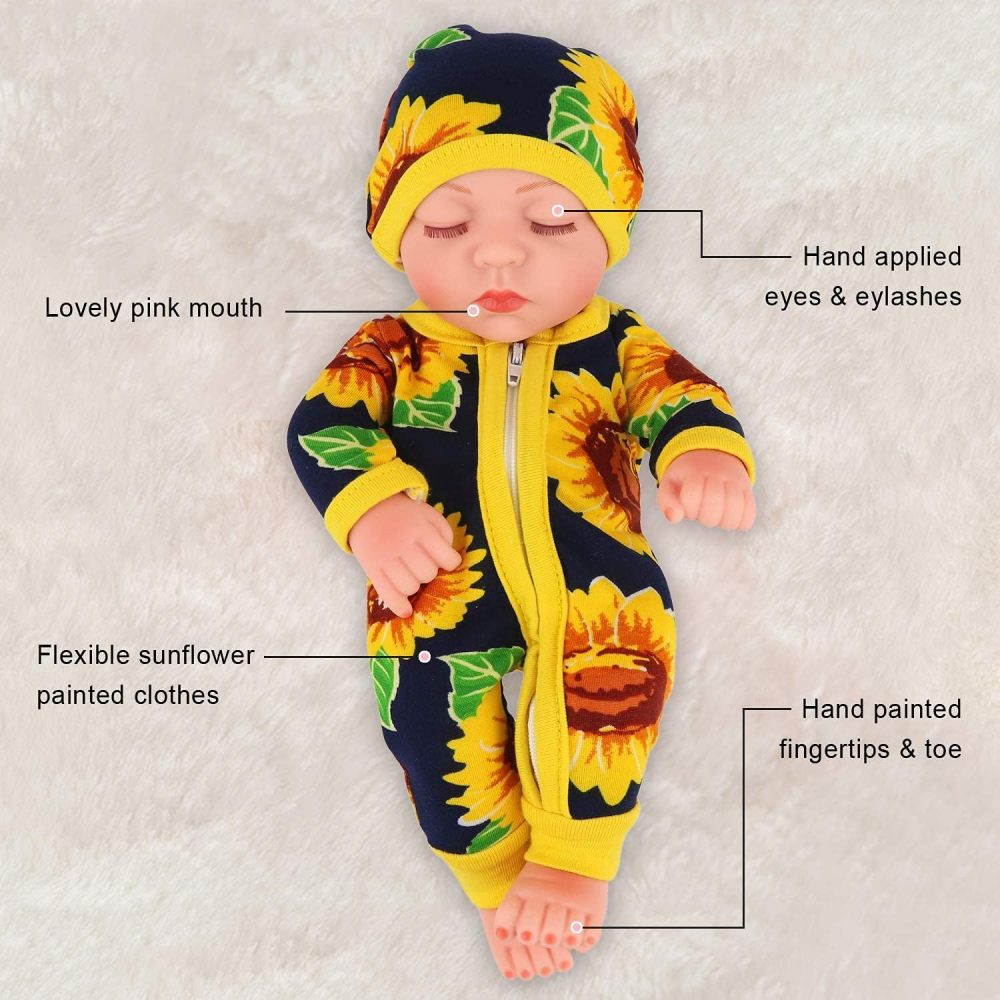 Ecore Fun 10 Inch New-born Reborn Doll Baby Doll and Clothes Set Washable Realistic Silicone Baby Dolls with Cute Sunflower Jumpsuit Clothes-Best Gift