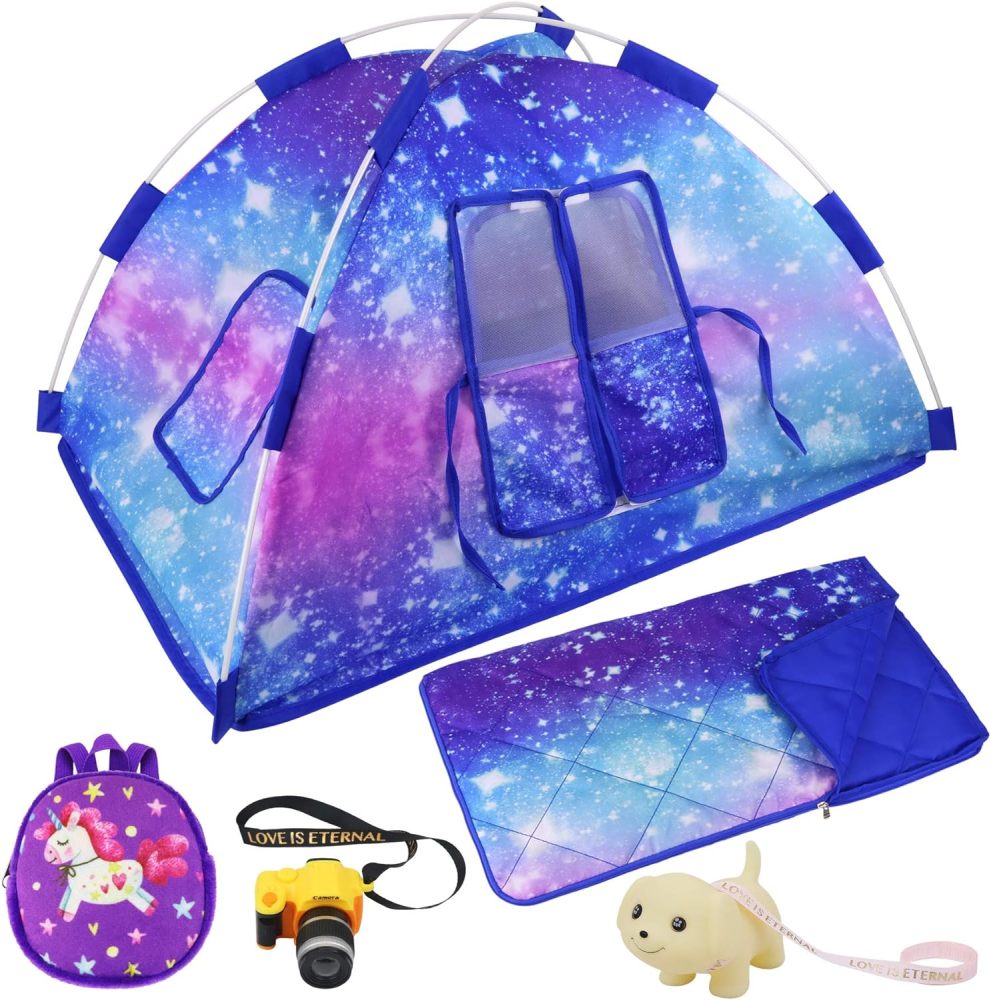 5 Items 18 inch Dolls Camping Tent Set and Accessories Including Girl Doll Tent, Sleeping Bag, Backpack, Toy Camera and Dog