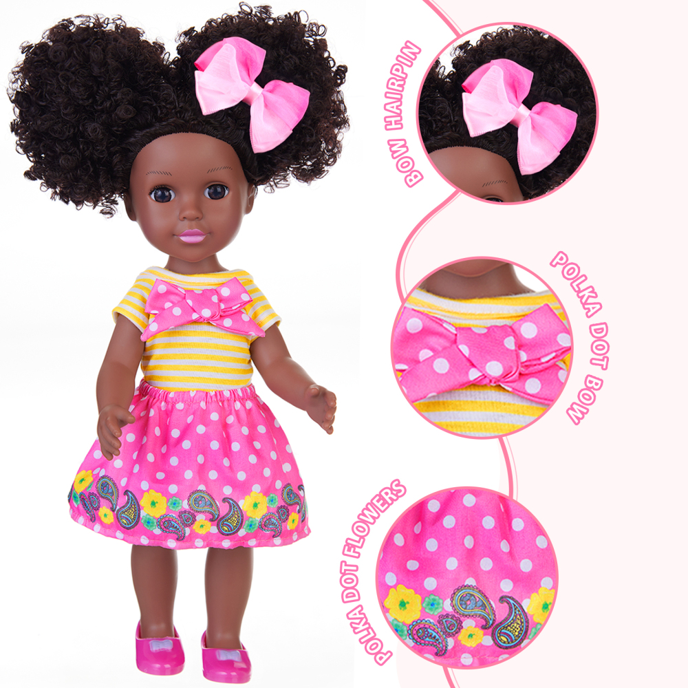 ZITA ELEMENT 14.5 Inch Silicone Black Doll Set Black African Baby Doll with Yellow Striped T-shirt, Colorful Dress and Other Accessories as A Delightf
