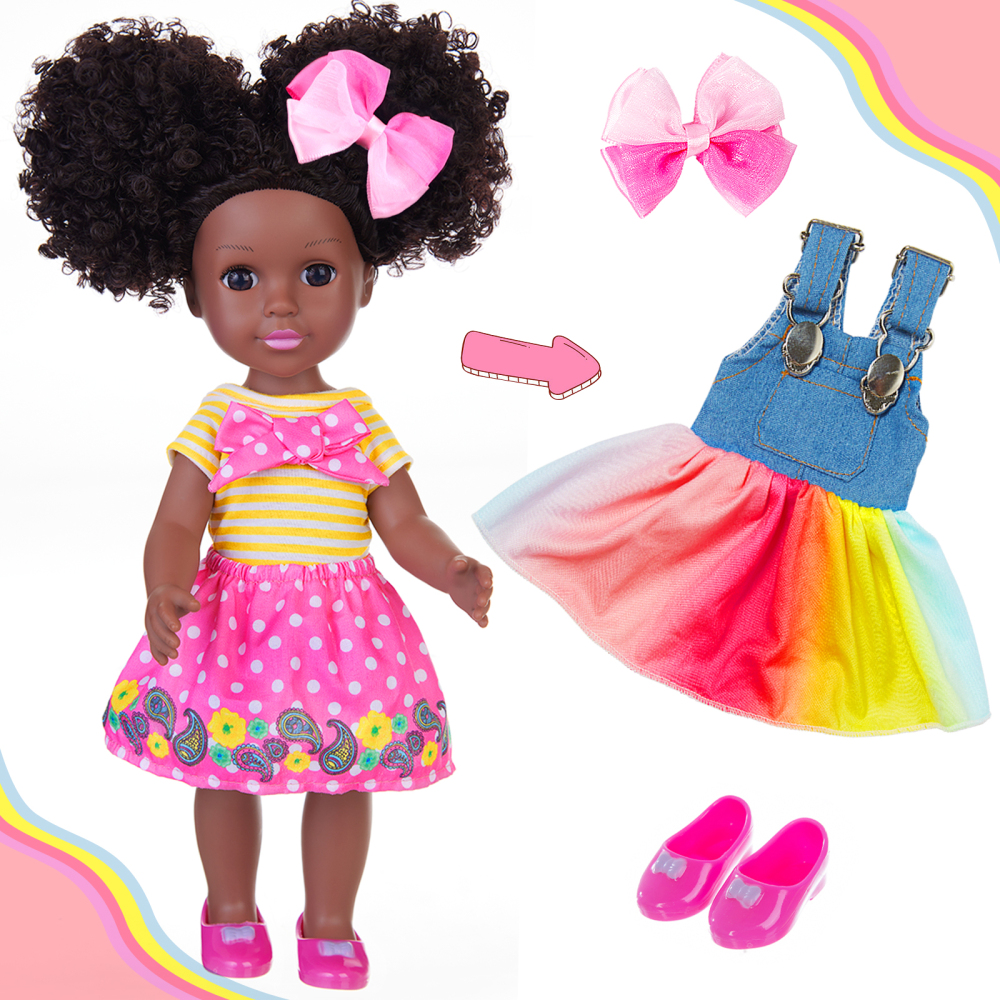 ZITA ELEMENT 14.5 Inch Silicone Black Doll Set Black African Baby Doll with Yellow Striped T-shirt, Colorful Dress and Other Accessories as A Delightf
