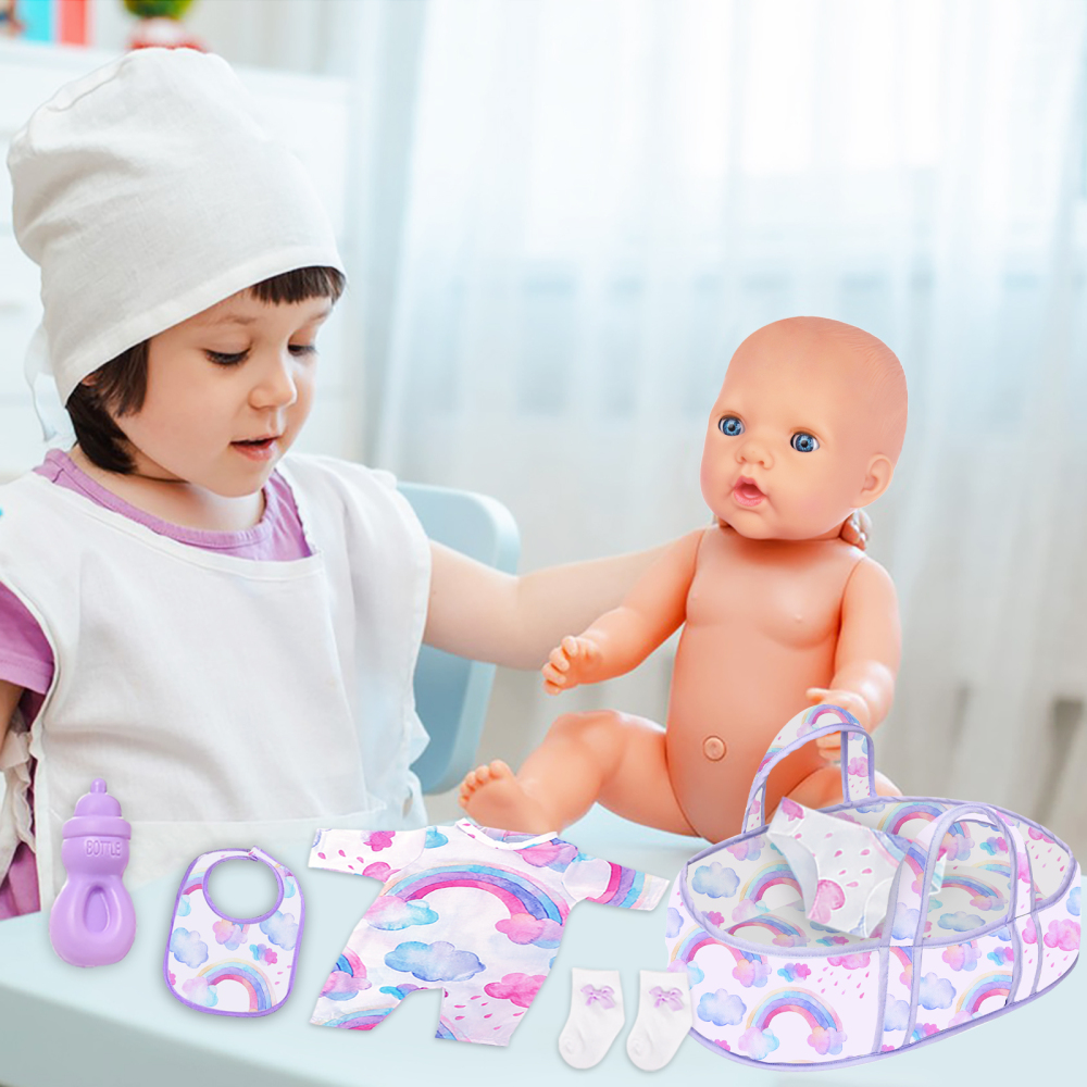 8 Pcs Baby Doll Clothes with Bassinet for 16-18 Inch Baby Doll, Rainbow Baby Doll Clothes Outfit Accessories fit 16 to 18 Inch Baby Doll（No Doll）