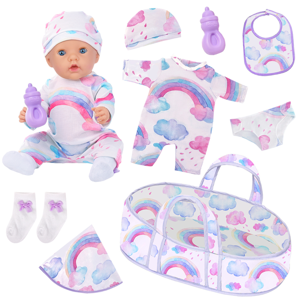 8 Pcs Baby Doll Clothes with Bassinet for 16-18 Inch Baby Doll, Rainbow Baby Doll Clothes Outfit Accessories fit 16 to 18 Inch Baby Doll（No Doll）