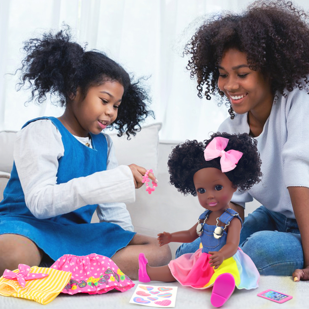 ZITA ELEMENT 14.5 Inch Silicone Black Doll Set Black African Baby Doll with Yellow Striped T-shirt, Colorful Dress and Other Accessories as A Delightf