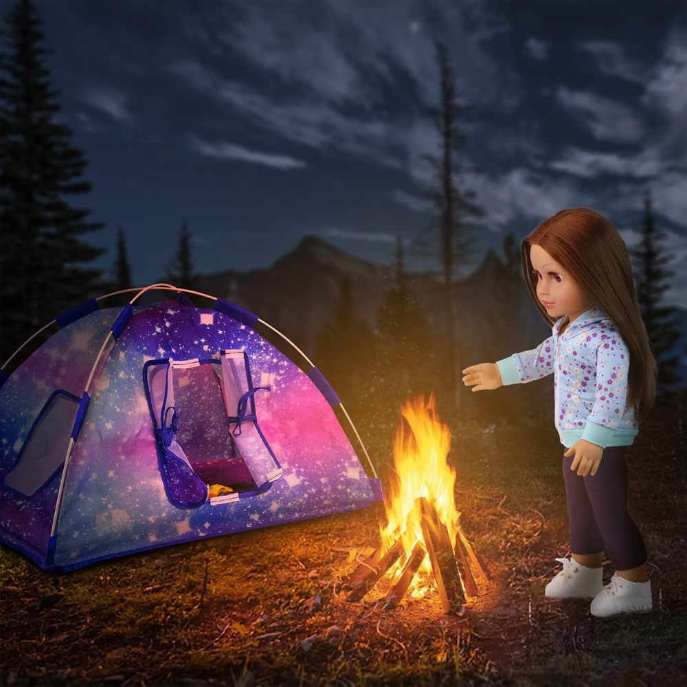 5 Items 18 inch Dolls Camping Tent Set and Accessories Including Girl Doll Tent, Sleeping Bag, Backpack, Toy Camera and Dog