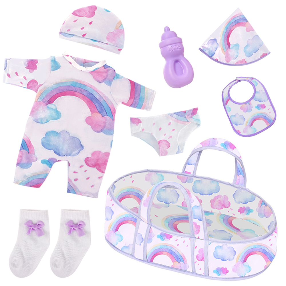 8 Pcs Baby Doll Clothes with Bassinet for 16-18 Inch Baby Doll, Rainbow Baby Doll Clothes Outfit Accessories fit 16 to 18 Inch Baby Doll（No Doll）