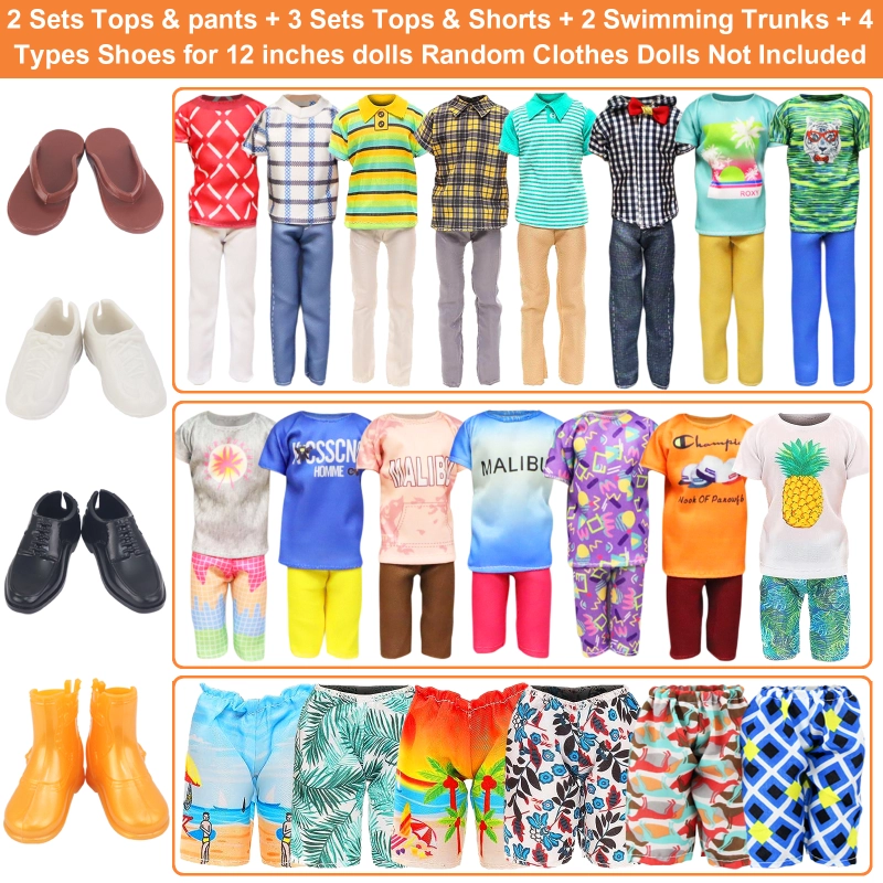 Package Includes 3 Sets Shorts and Tops, 2 Sets Pants and Tops, 2 Swimming Trunks, 4 Pairs Shoes.(Random Styles and NO DOLL!