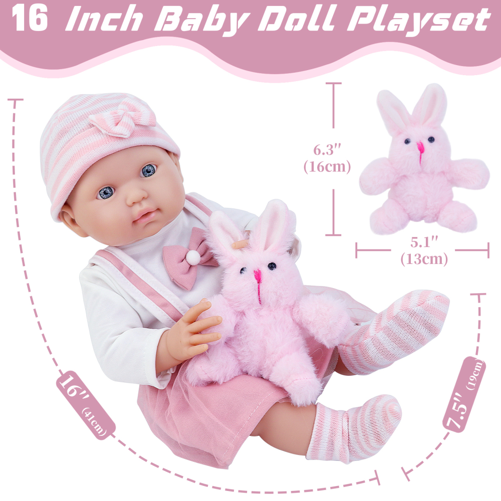 6 Inch Baby Doll Reborn 16" Baby Dolls Realistic Soft Silicone Baby Doll with Baby Doll Clothes (Dress & Hat & Socks), Ringing Bell,Pacifier, Toy Rabb