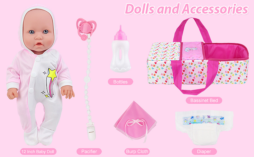 12 Inch Baby Doll with Bassinet Bed, Soft 12IN Baby Doll and Accessories includes 12" Baby Doll, 12 Inch Doll Jumpsuit, Bottles, Pacifier, Diaper, Bur