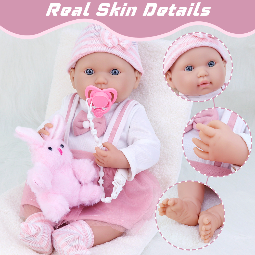 6 Inch Baby Doll Reborn 16" Baby Dolls Realistic Soft Silicone Baby Doll with Baby Doll Clothes (Dress & Hat & Socks), Ringing Bell,Pacifier, Toy Rabb