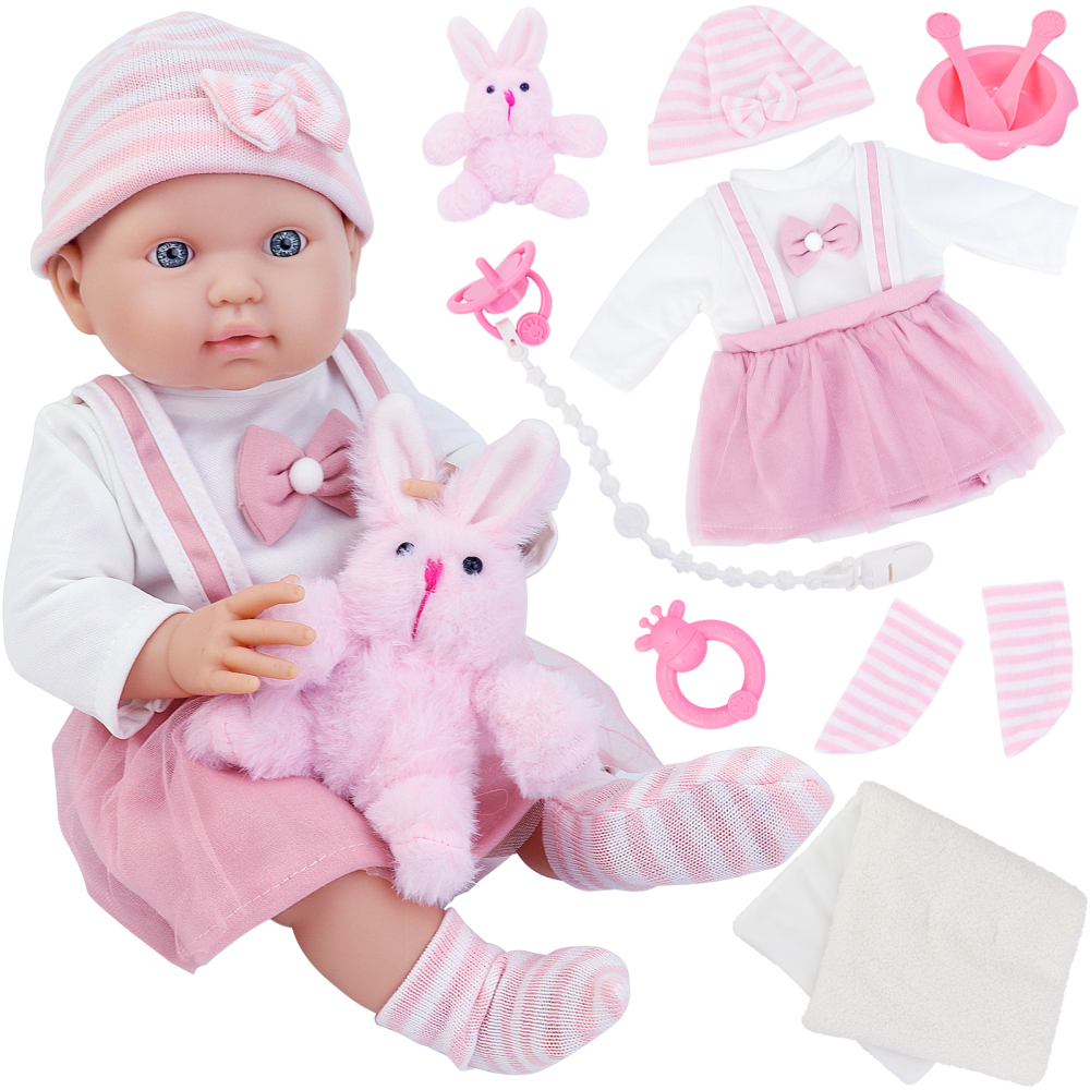 6 Inch Baby Doll Reborn 16" Baby Dolls Realistic Soft Silicone Baby Doll with Baby Doll Clothes (Dress & Hat & Socks), Ringing Bell,Pacifier, Toy Rabb
