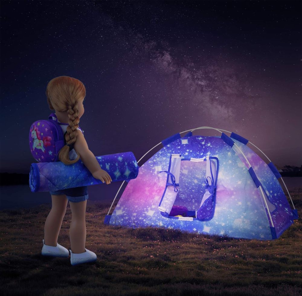 5 Items 18 inch Dolls Camping Tent Set and Accessories Including Girl Doll Tent, Sleeping Bag, Backpack, Toy Camera and Dog
