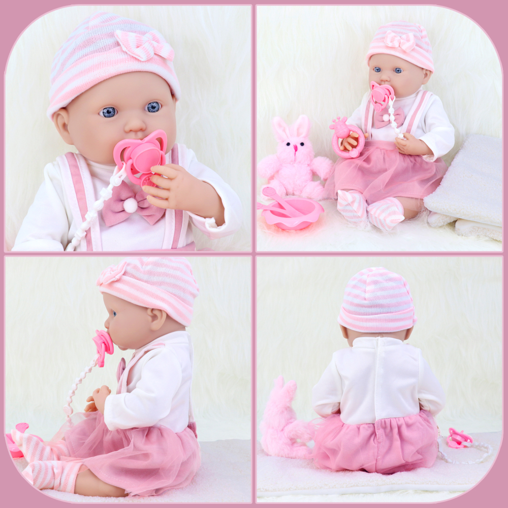 6 Inch Baby Doll Reborn 16" Baby Dolls Realistic Soft Silicone Baby Doll with Baby Doll Clothes (Dress & Hat & Socks), Ringing Bell,Pacifier, Toy Rabb