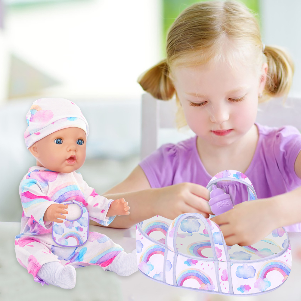 8 Pcs Baby Doll Clothes with Bassinet for 16-18 Inch Baby Doll, Rainbow Baby Doll Clothes Outfit Accessories fit 16 to 18 Inch Baby Doll（No Doll）