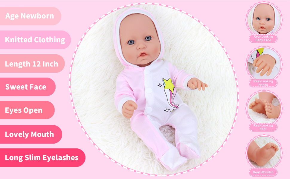 12 Inch Baby Doll with Bassinet Bed, Soft 12IN Baby Doll and Accessories includes 12" Baby Doll, 12 Inch Doll Jumpsuit, Bottles, Pacifier, Diaper, Bur