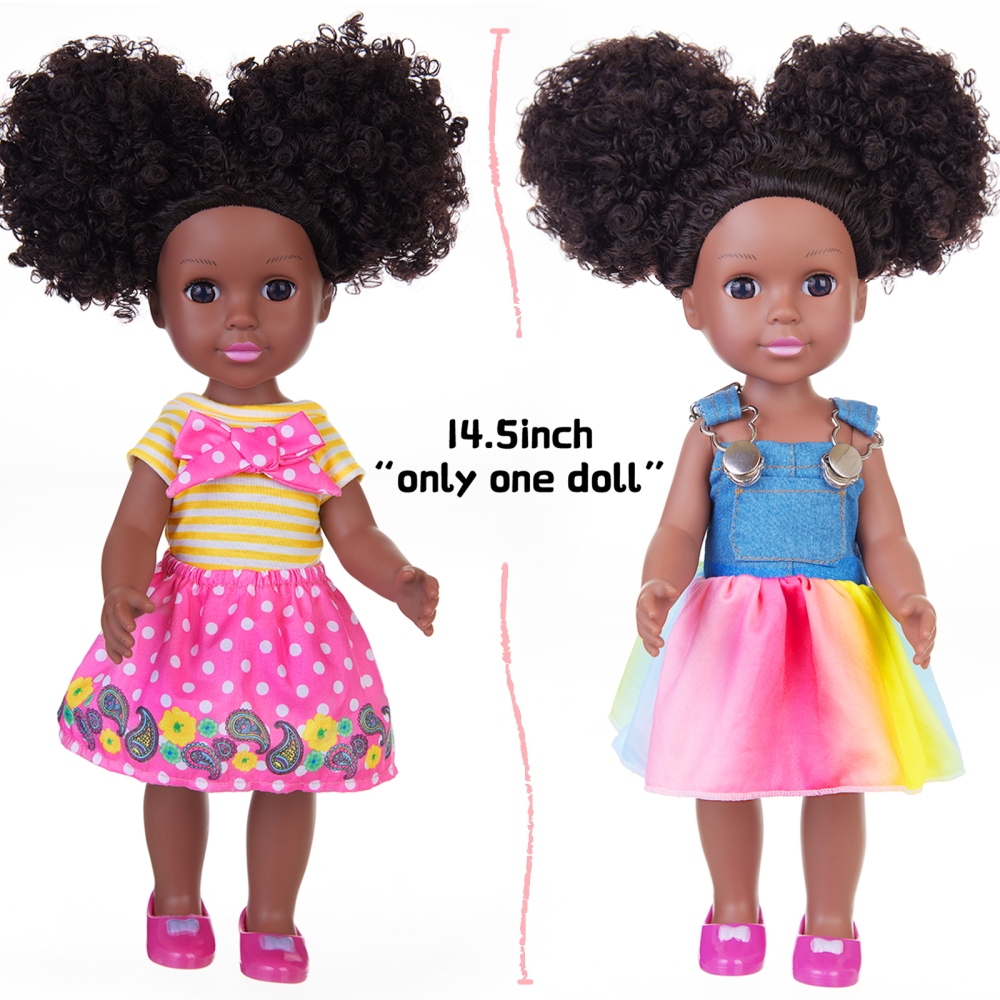 ZITA ELEMENT 14.5 Inch Silicone Black Doll Set Black African Baby Doll with Yellow Striped T-shirt, Colorful Dress and Other Accessories as A Delightf