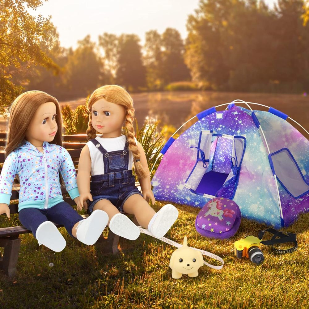 5 Items 18 inch Dolls Camping Tent Set and Accessories Including Girl Doll Tent, Sleeping Bag, Backpack, Toy Camera and Dog