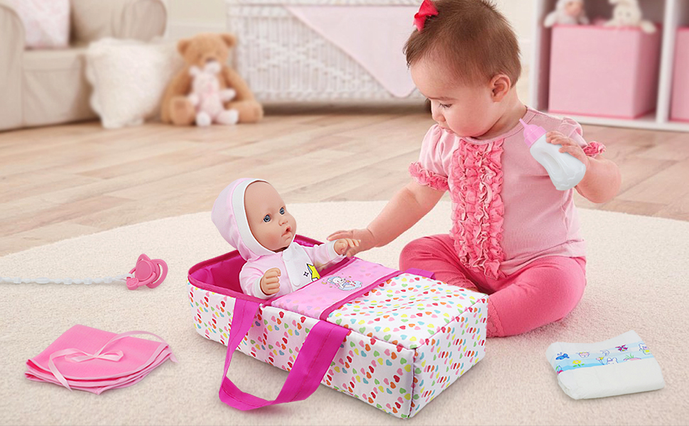 12 Inch Baby Doll with Bassinet Bed, Soft 12IN Baby Doll and Accessories includes 12" Baby Doll, 12 Inch Doll Jumpsuit, Bottles, Pacifier, Diaper, Bur