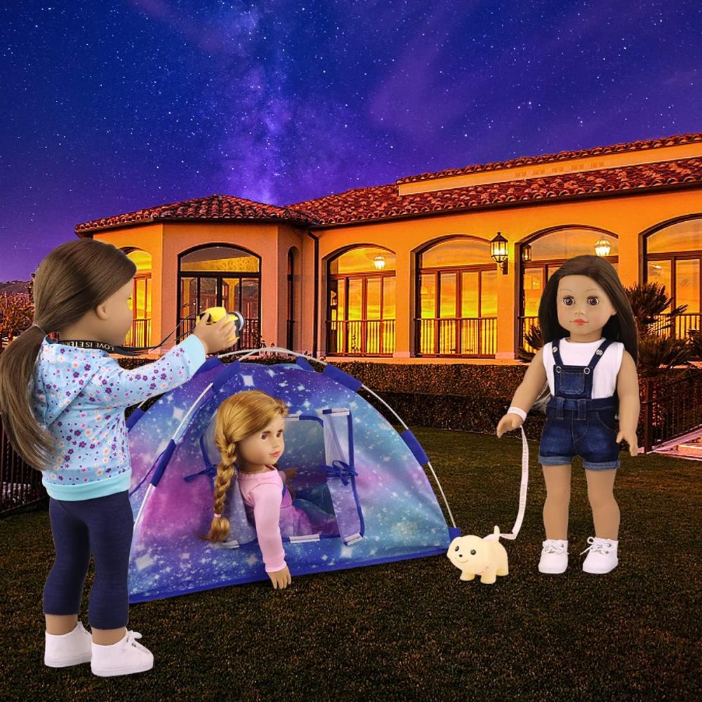 5 Items 18 inch Dolls Camping Tent Set and Accessories Including Girl Doll Tent, Sleeping Bag, Backpack, Toy Camera and Dog